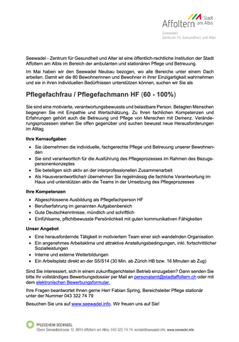 Pflegefachfrau / Pflegefachmann HF (60 - 100%)