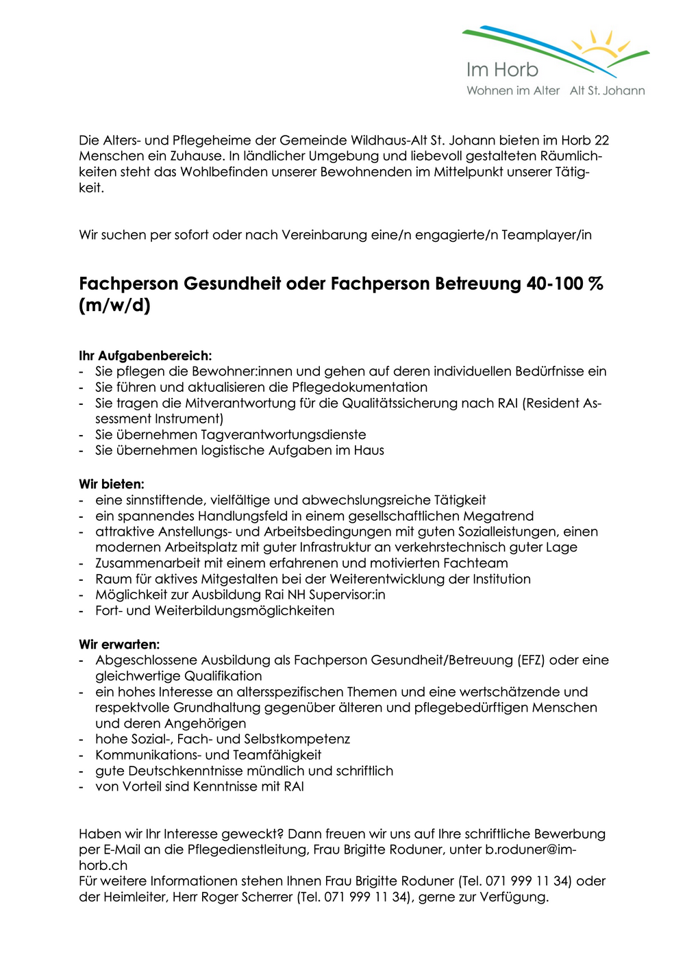 Stelle Fachperson Gesundheit Fachperson Betreuung Sankt Gallen