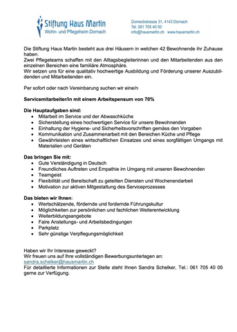 Service Mitarbeiter/in (70%)