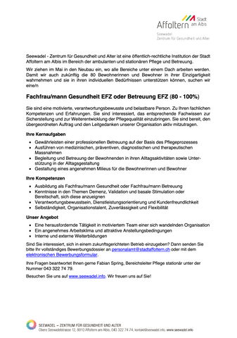 Fachfrau/mann Gesundheit EFZ oder Betreuung EFZ (80 - 100%)