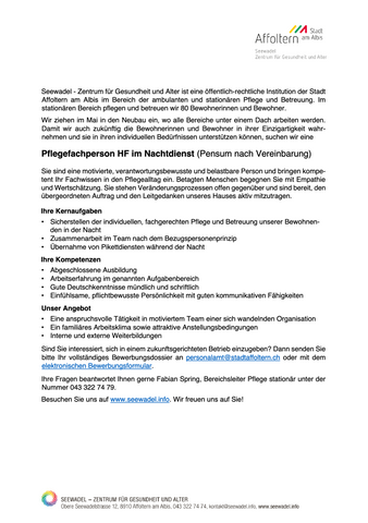 Pflegefachperson HF im Nachtdienst (Pensum nach Vereinbarung)
