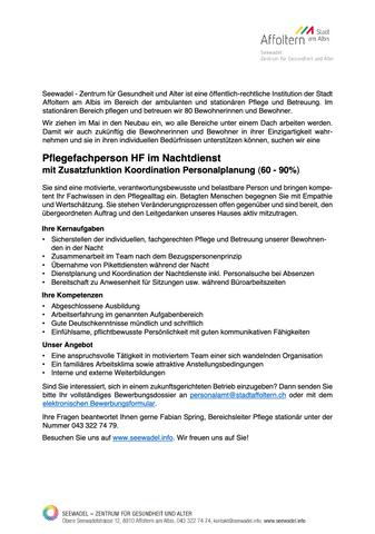 Pflegefachperson HF im Nachtdienst mit Zusatzfunktion Koordination Personalplanung (60 - 90%)