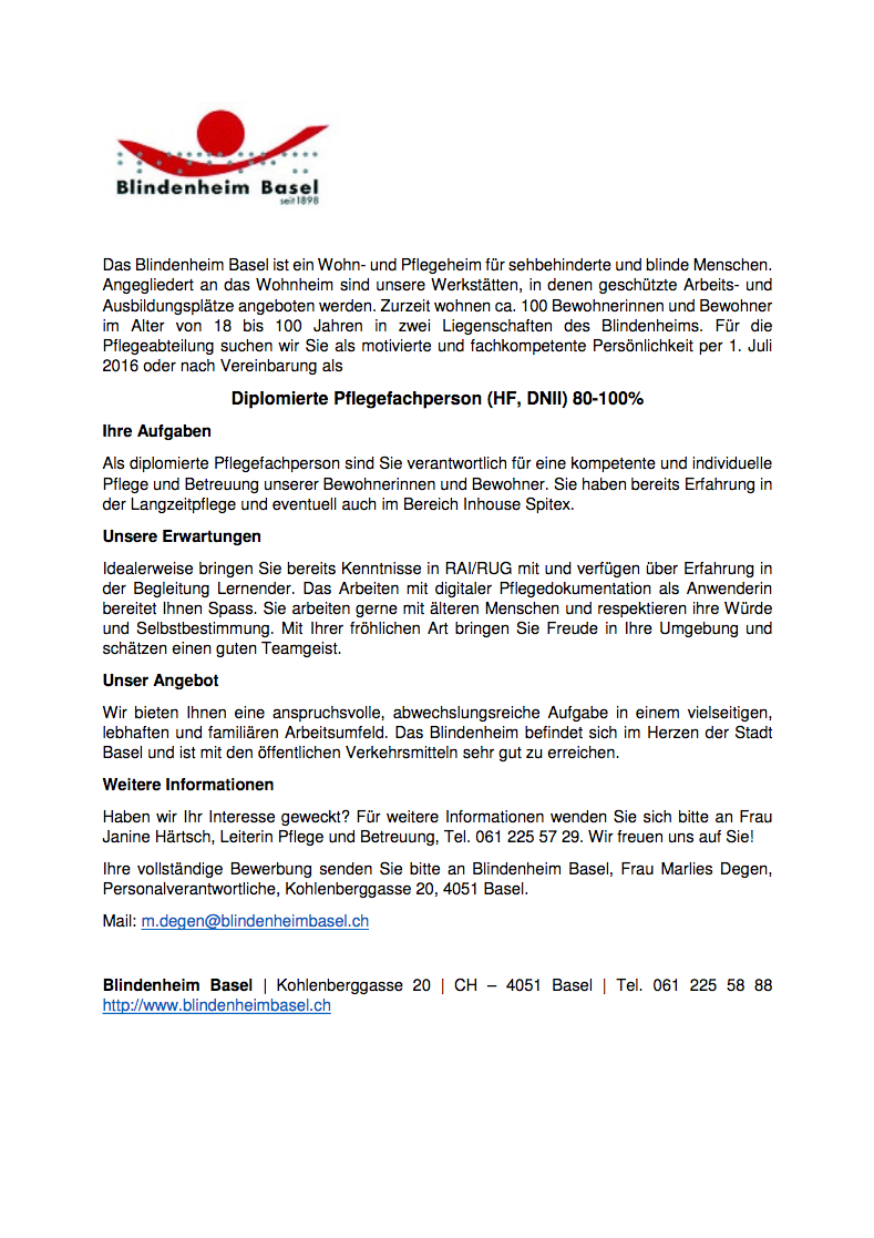 Stelle Jobs Blindenheim Basel Diplomierte Pflegefachperson