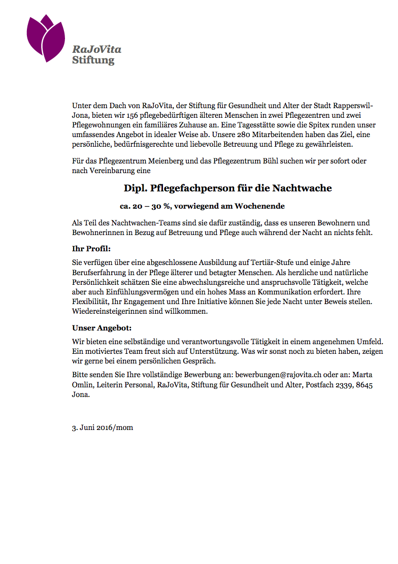 Dipl. Pflegefachperson für die Nachtwache (20-30%)