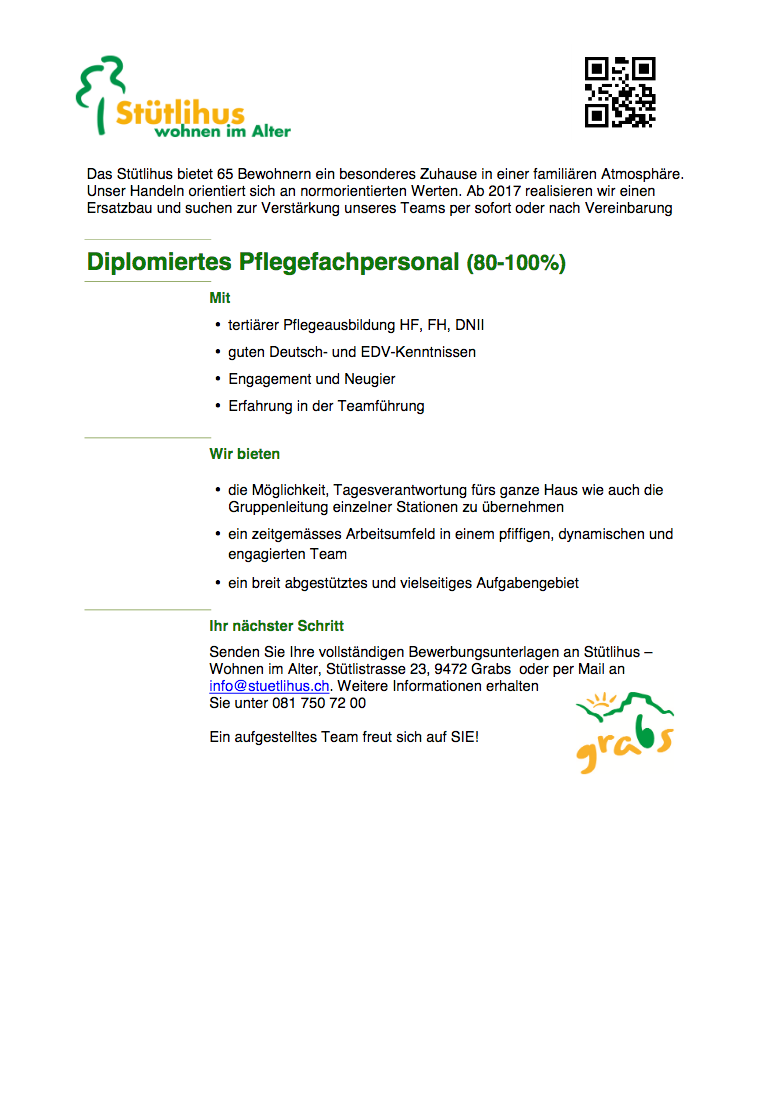 Stelle Jobs Stütlihus Grabs Dipl. Pflegefachpersonal