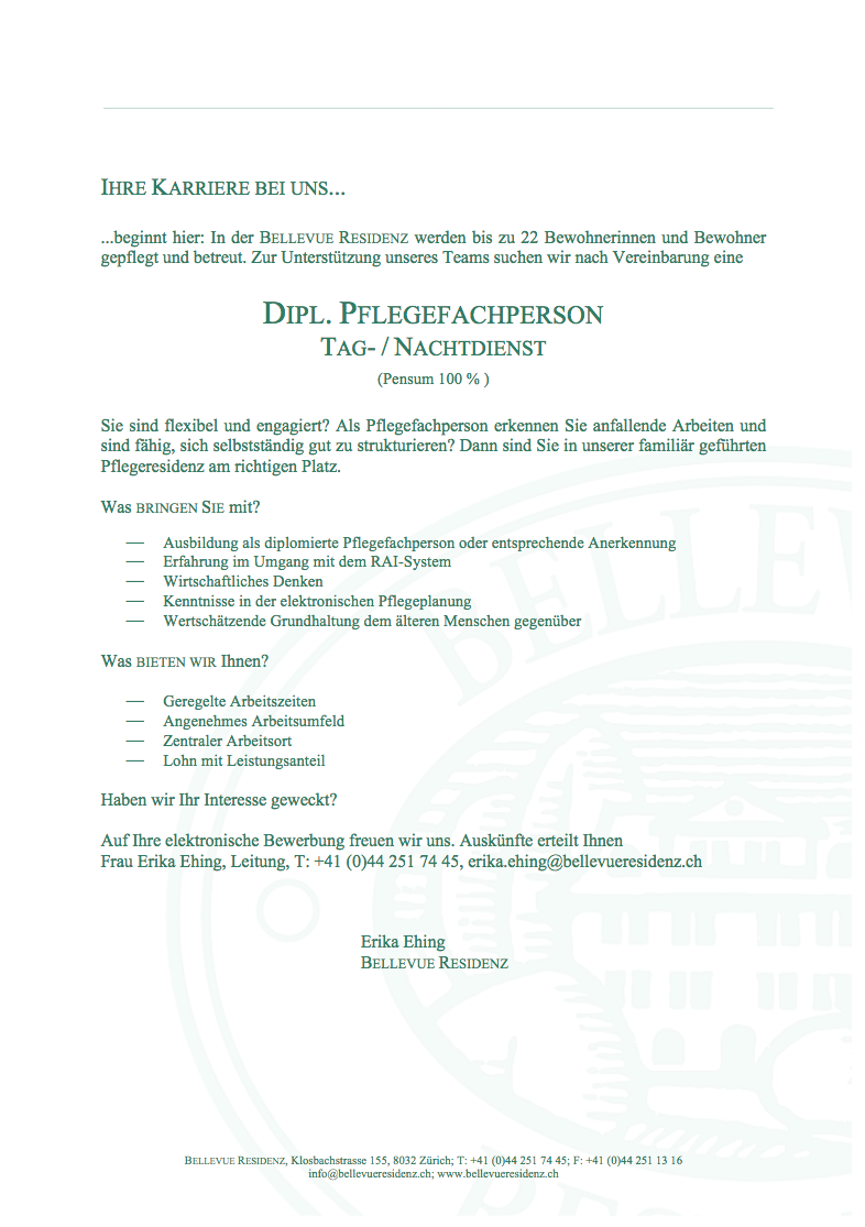 Stelle Jobs Bellevue Zürich Dipl. Pflegefachperson Tag / Nacht