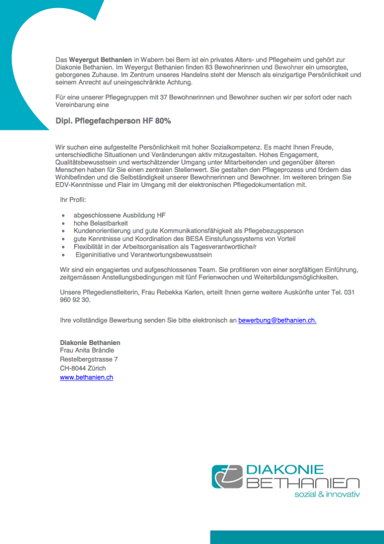 Stelle Jobs Diakonie Wabern Dipl. Pflegefachpersonal HF
