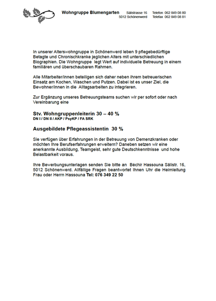 Dipl. Stv. Wohngruppenleiterin und Pflegeassistentin (30-40%)