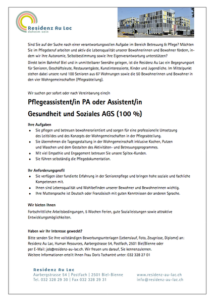 Pflegeassistent/in PA oder Assistent/in Gesundheit und Soziales AGS (100%)