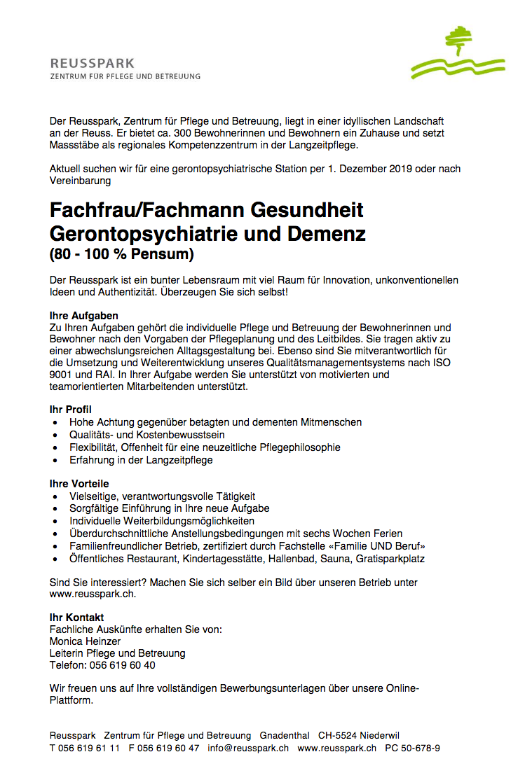 Fachfrau/Fachmann Gesundheit Gerontopsychiatrie und Demenz (80-100%)