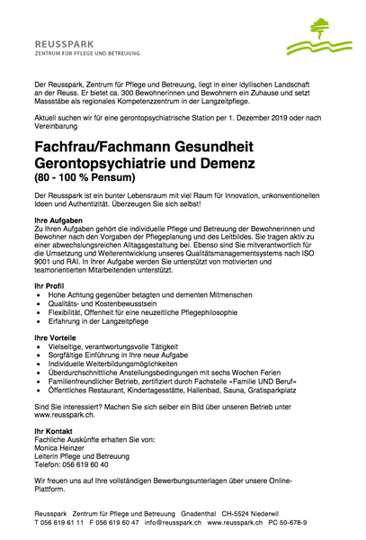 Fachfrau/Fachmann Gesundheit Gerontopsychiatrie und Demenz (80-100%)